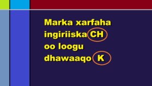 Marka xarfaha ingiriiska CH oo loogu dhawaaqo K 